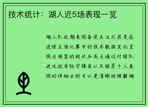 技术统计：湖人近5场表现一览