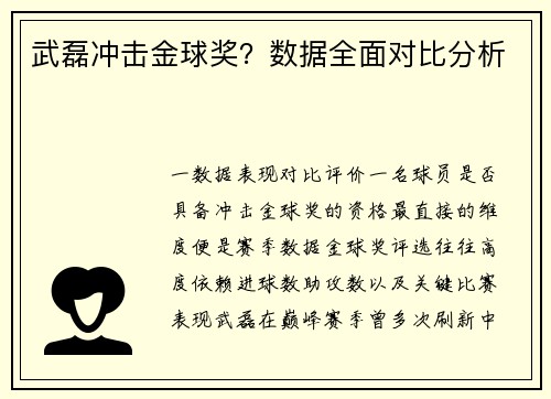 武磊冲击金球奖？数据全面对比分析
